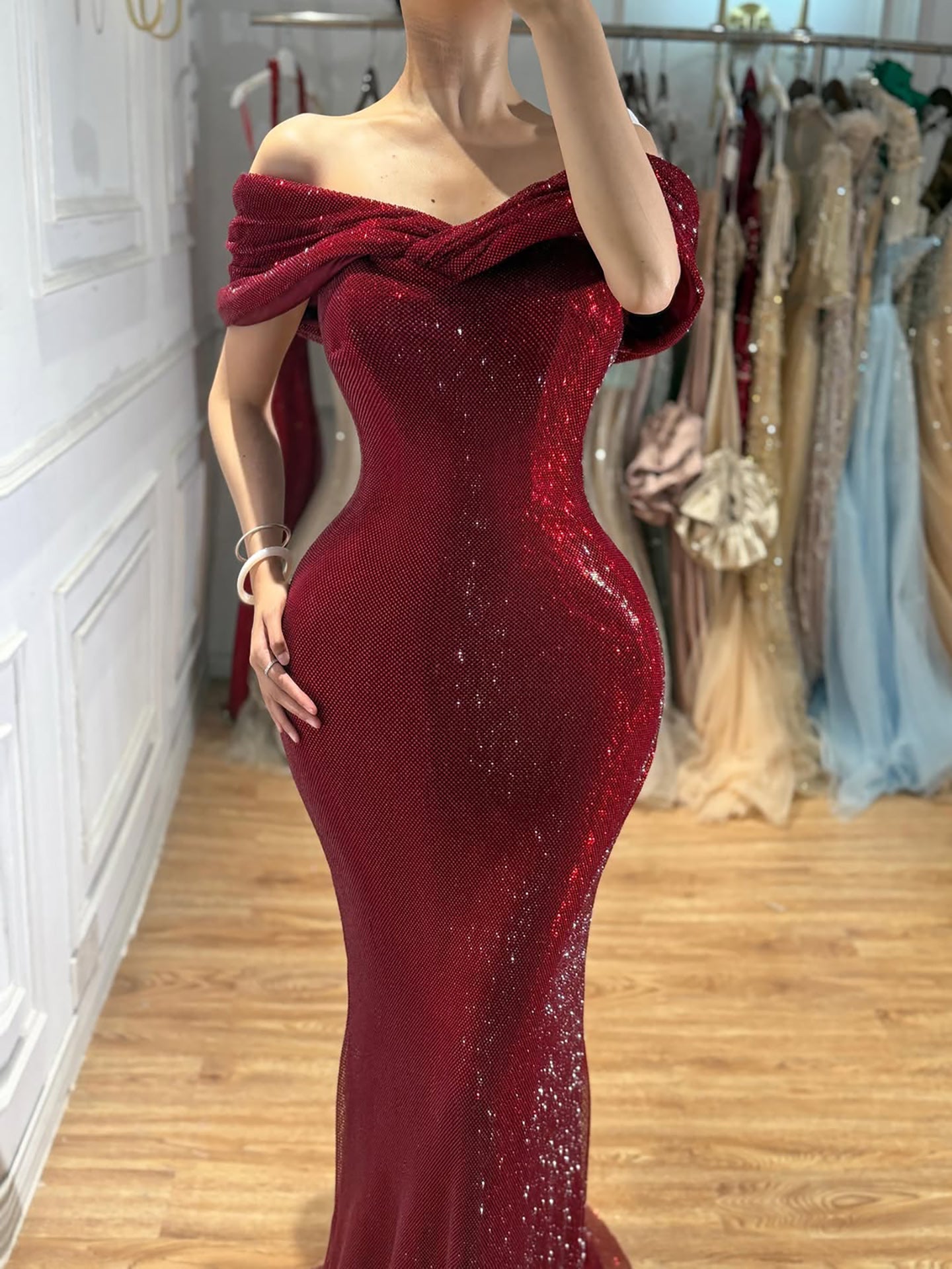 Wine Red Off Shoulder Mermaid Sparkly Evening Dress LA73689