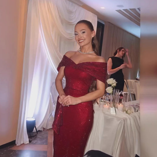 Wine Red Off Shoulder Mermaid Sparkly Evening Dress LA73689