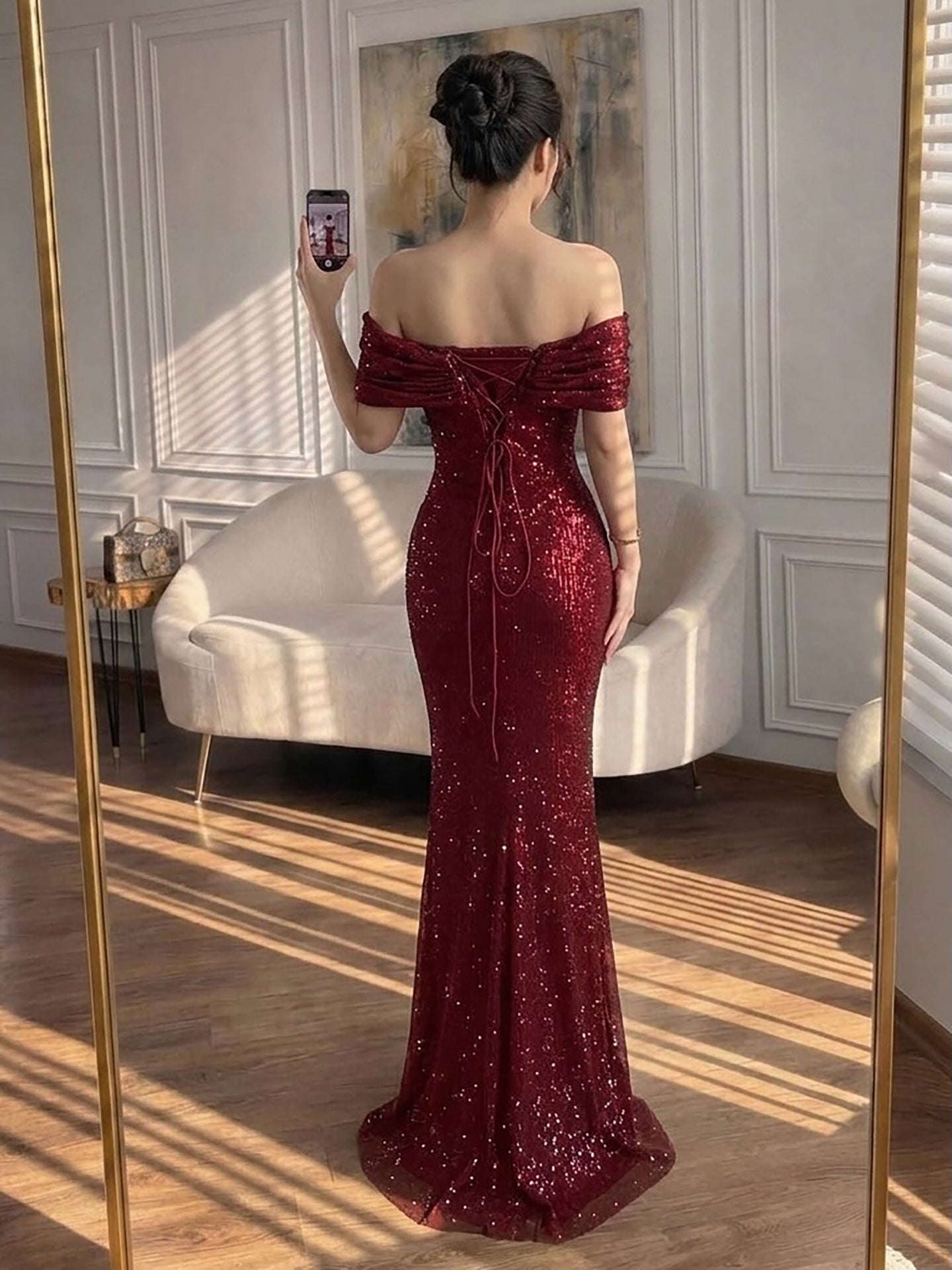 Wine Red Off Shoulder Mermaid Sparkly Evening Dress LA73689