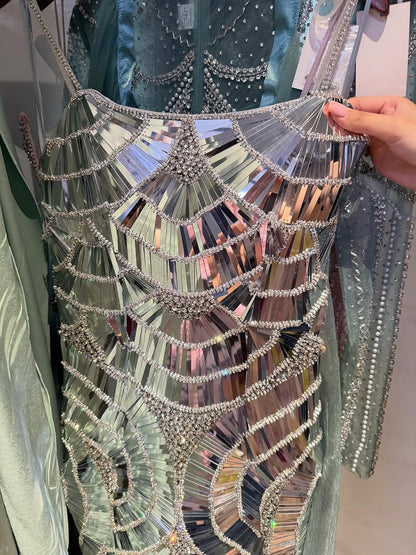 Luxury Silver Mirror Crystal Beaded Mermaid Evening Dress LA73693