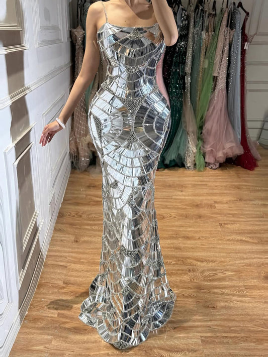 Luxury Silver Mirror Crystal Beaded Mermaid Evening Dress LA73693