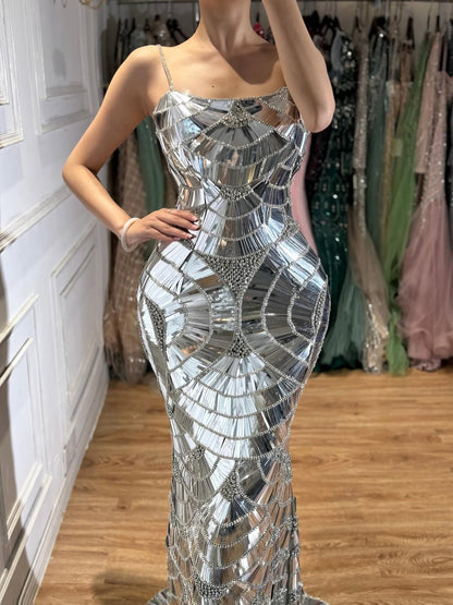 Luxury Silver Mirror Crystal Beaded Mermaid Evening Dress LA73693