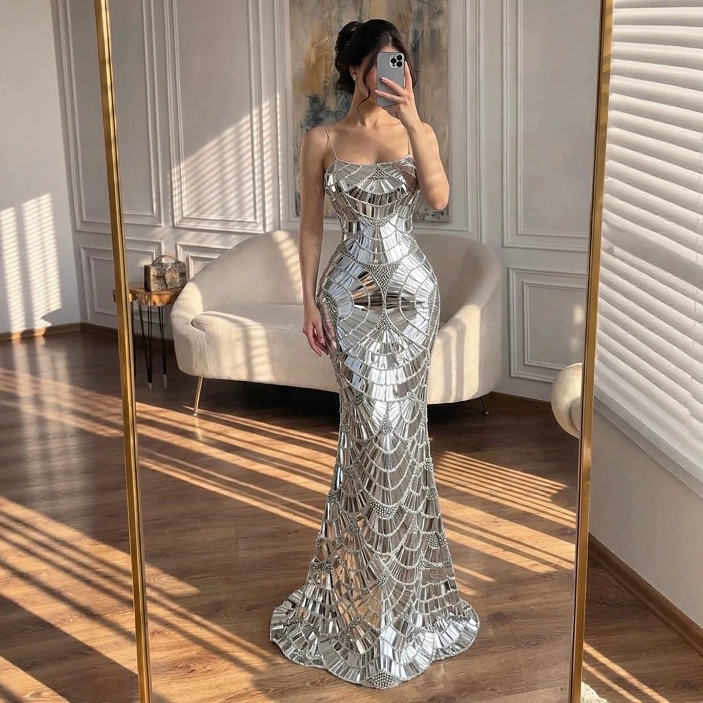 Luxury Silver Mirror Crystal Beaded Mermaid Evening Dress LA73693