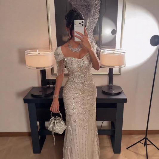 Saudi Beige Beaded Evening Dress with Tassel Cap Sleeve LA73694