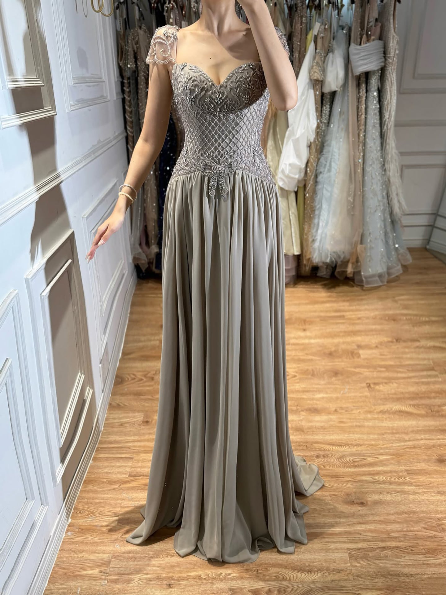 Elegant Caramel Beaded Chiffon A Line Sweetheart Evening Dress LA73698