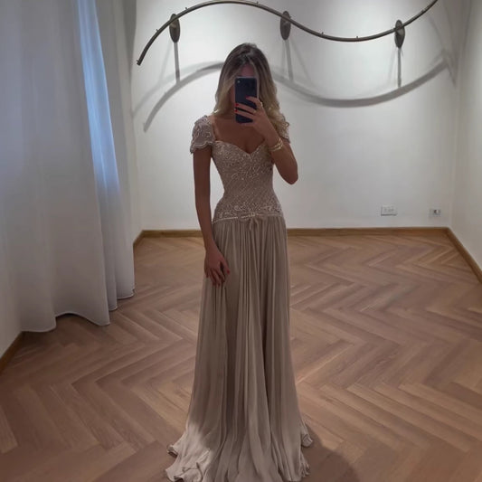 Elegant Caramel Beaded Chiffon A Line Sweetheart Evening Dress LA73698