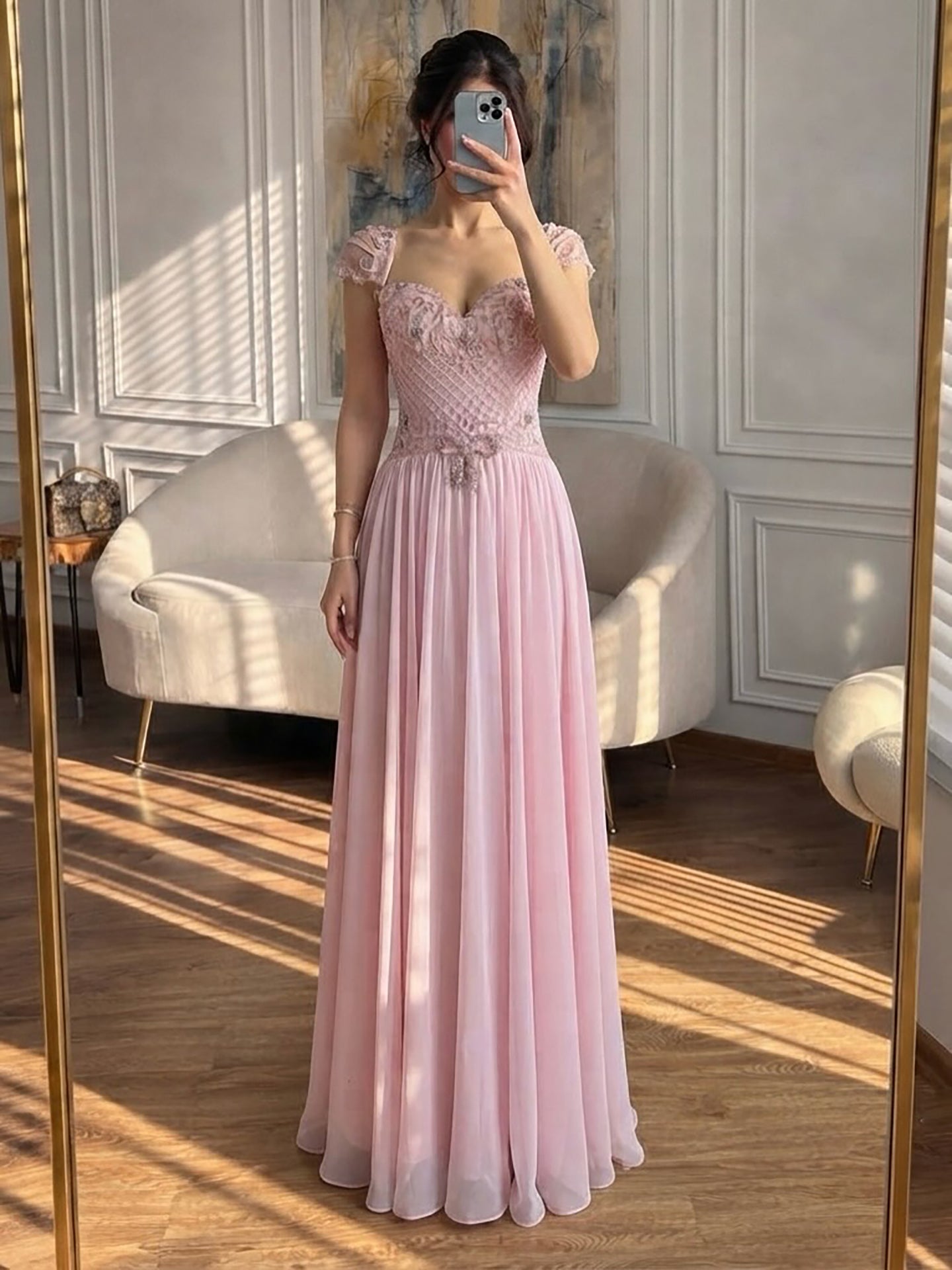Elegant Caramel Beaded Chiffon A Line Sweetheart Evening Dress LA73698