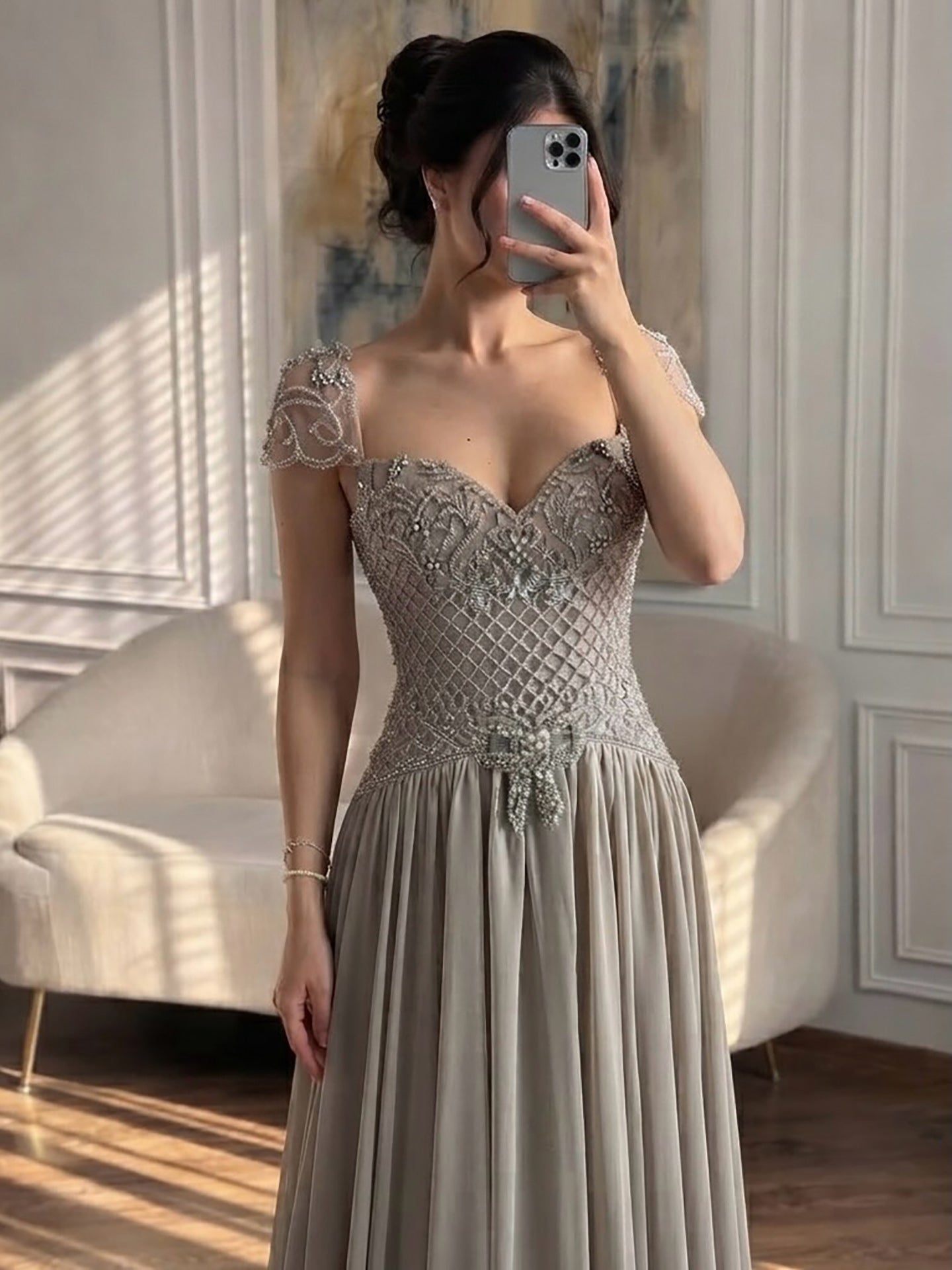 Elegant Caramel Beaded Chiffon A Line Sweetheart Evening Dress LA73698