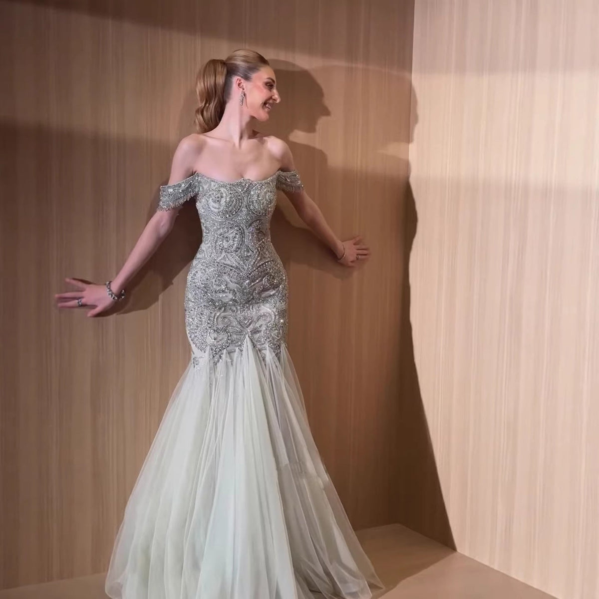 Sage Green Beaded Off-the-Shoulder Mermaid Evening Dress LA73706
