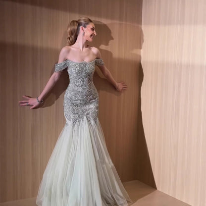 Sage Green Beaded Off-the-Shoulder Mermaid Evening Dress LA73706