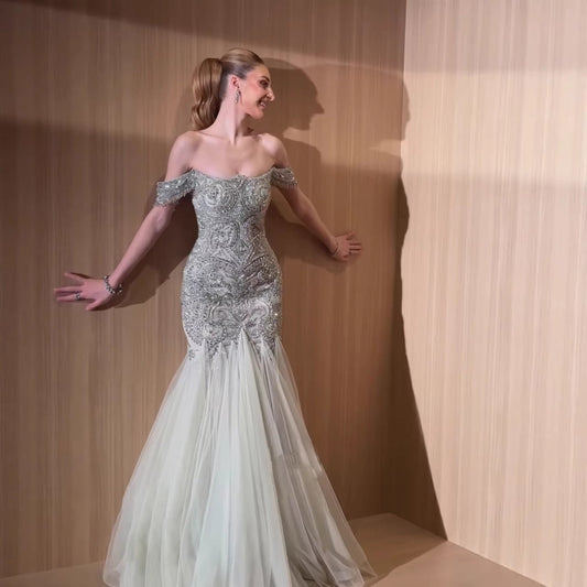 Sage Green Beaded Off-the-Shoulder Mermaid Evening Dress LA73706