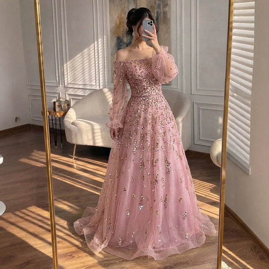 Luxury Pink Sequin Off Shoulder Tulle A Line Evening Dress LA73711