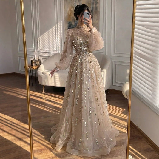 Luxury Nude Beaded High Neck Lantern Sleeve A-Line Dress LA73711A