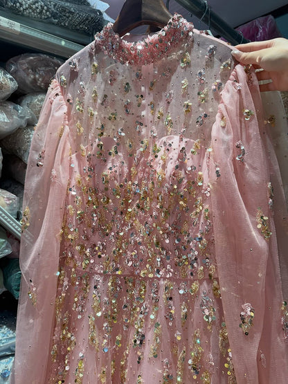 Luxury Nude Beaded High Neck Lantern Sleeve A-Line Dress LA73711A