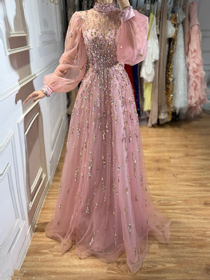 Luxury Nude Beaded High Neck Lantern Sleeve A-Line Dress LA73711A
