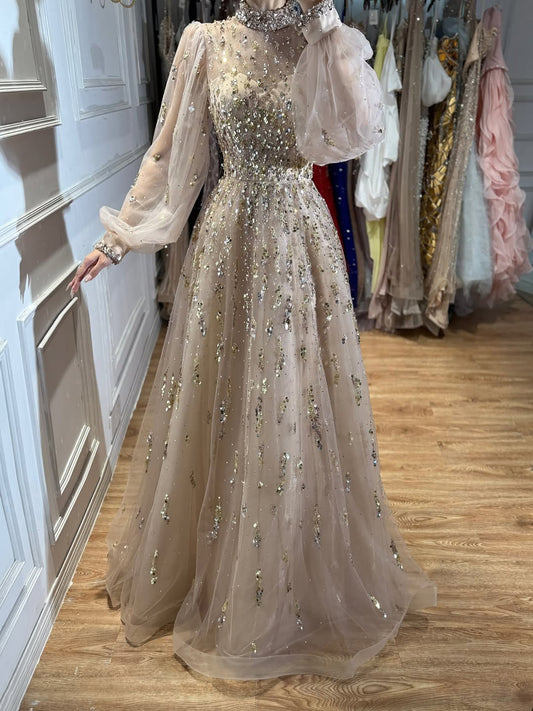 Luxury Nude Beaded High Neck Lantern Sleeve A-Line Dress LA73711A