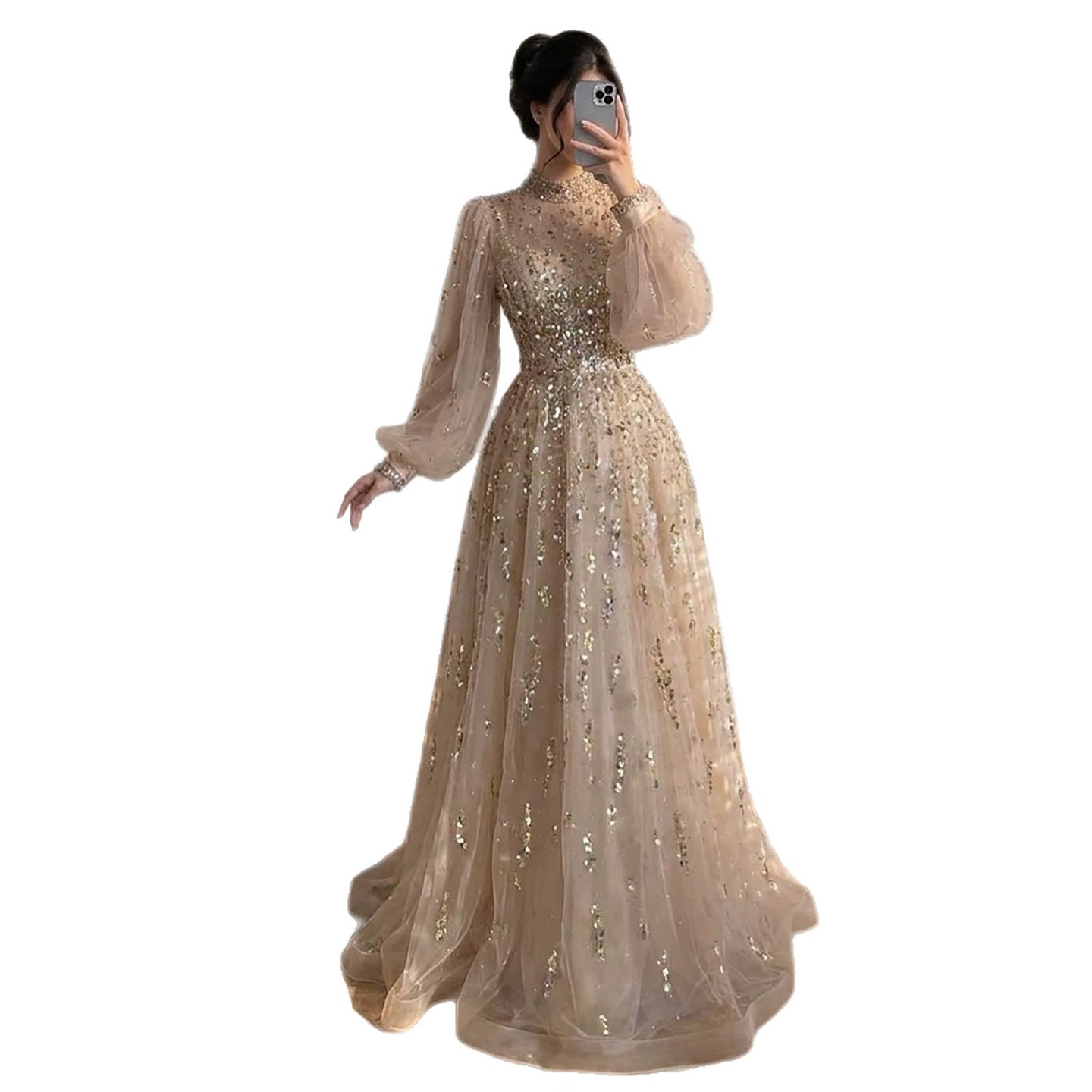 Luxury Nude Beaded High Neck Lantern Sleeve A-Line Dress LA73711A