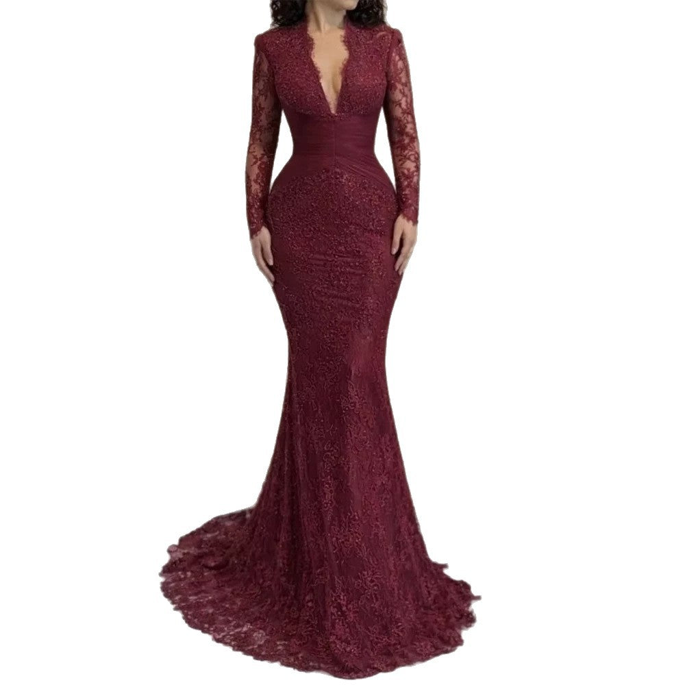Luxury Wine Red Lace Mermaid Long Sleeve Evening Dress LA73720