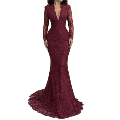 Luxury Wine Red Lace Mermaid Long Sleeve Evening Dress LA73720