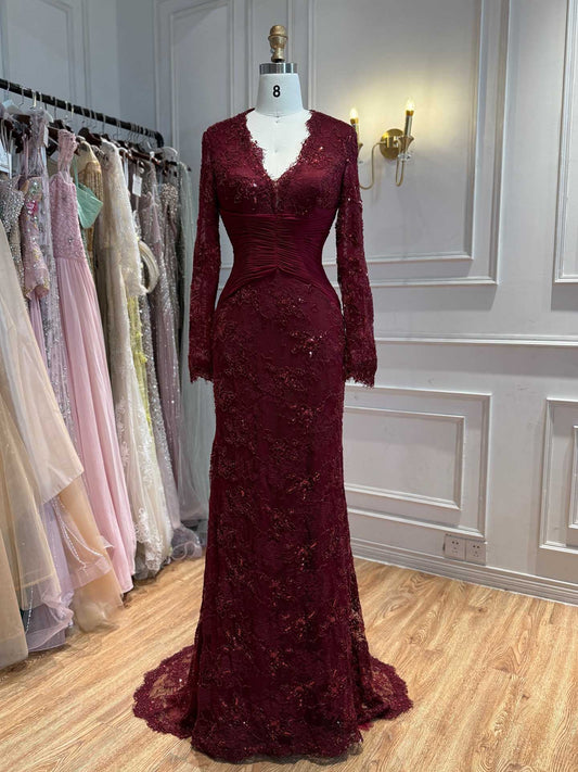 Luxury Wine Red Lace Mermaid Long Sleeve Evening Dress LA73720