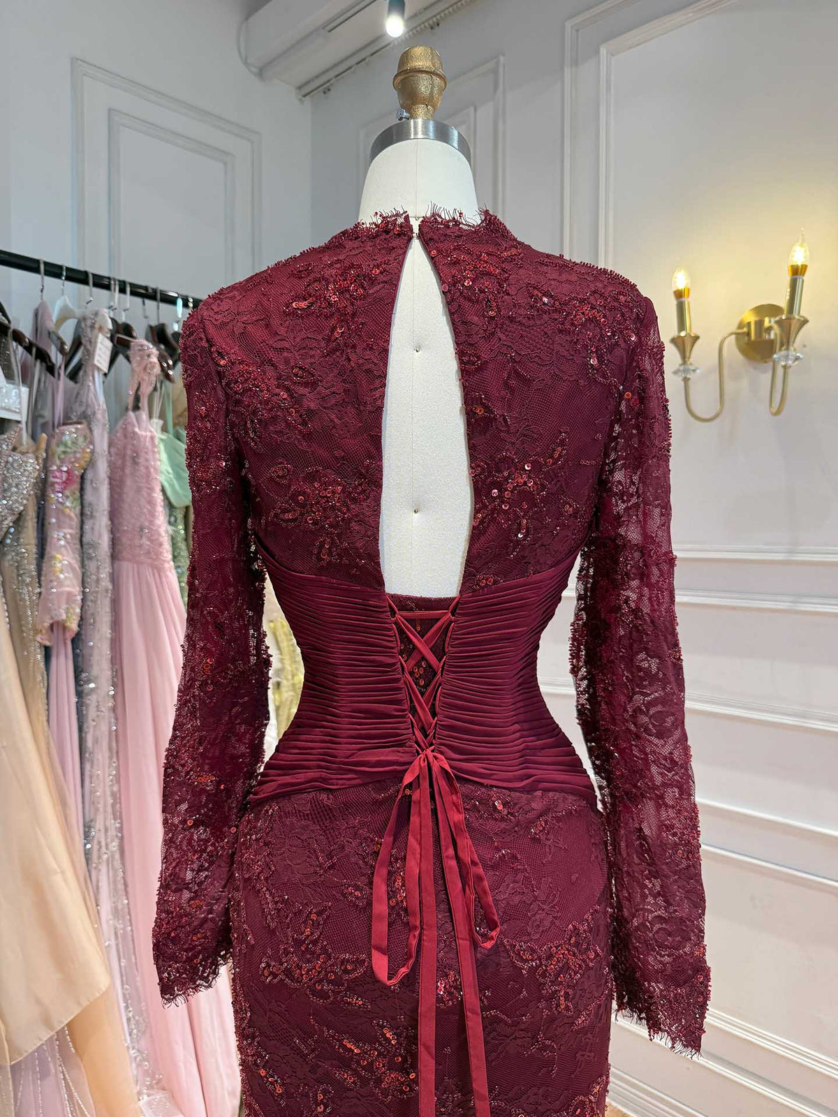 Luxury Wine Red Lace Mermaid Long Sleeve Evening Dress LA73720
