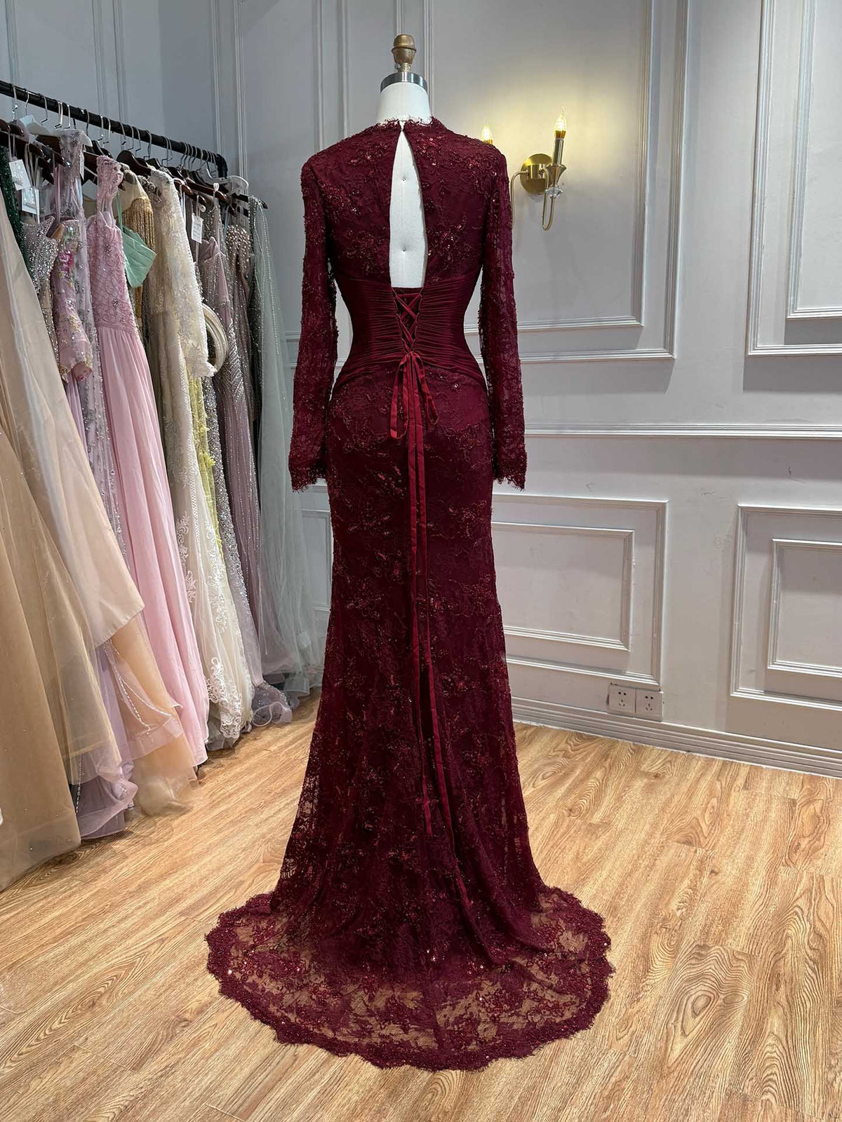 Luxury Wine Red Lace Mermaid Long Sleeve Evening Dress LA73720