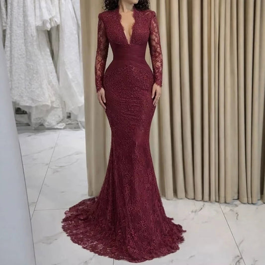 Luxury Wine Red Lace Mermaid Long Sleeve Evening Dress LA73720