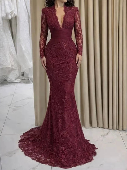 Luxury Wine Red Lace Mermaid Long Sleeve Evening Dress LA73720
