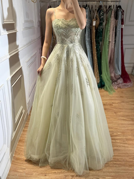 Luxury Sage Green Spaghetti Strap Beaded A-Line Evening Dress LA73721