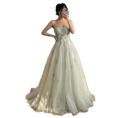 Luxury Sage Green Spaghetti Strap Beaded A-Line Evening Dress LA73721