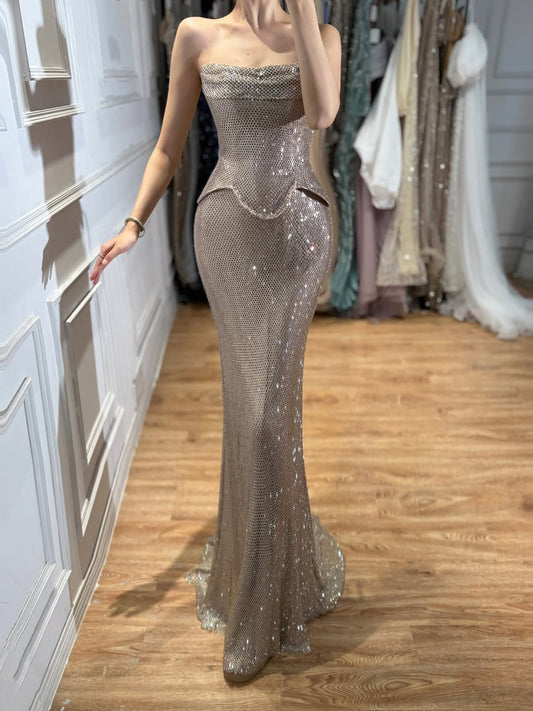 Luxury Champagne Strapless Peplum Lace Up Shimmering Mermaid Dress LA73725
