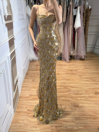 Luxury Gold Beaded Mermaid Evening Dress LA73733