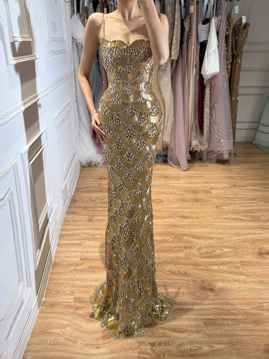Luxury Gold Beaded Mermaid Evening Dress LA73733