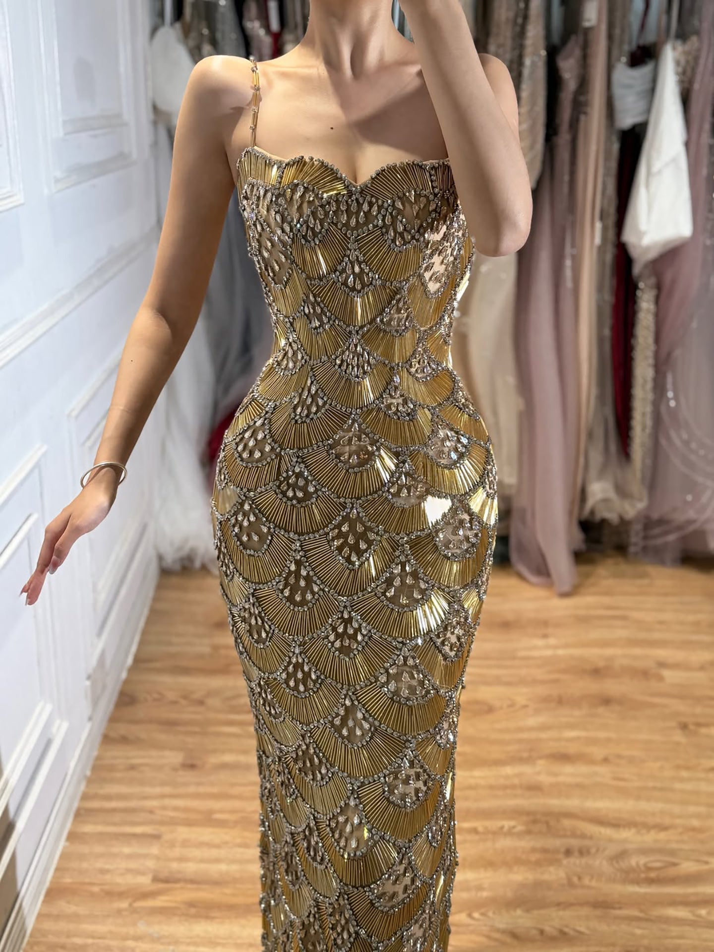 Luxury Gold Beaded Mermaid Evening Dress LA73733