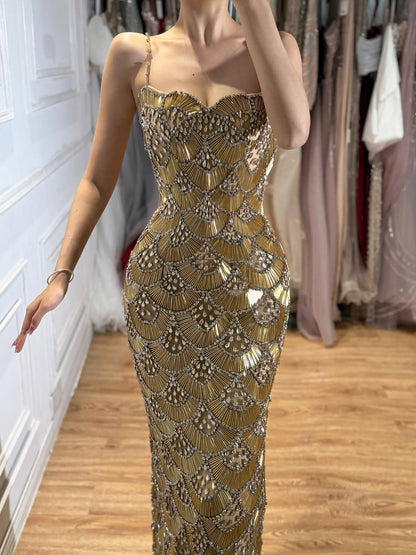 Luxury Gold Beaded Mermaid Evening Dress LA73733