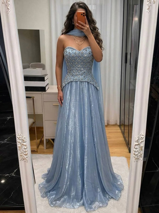 Luxury Blue Crystal Beaded A Line Dress with Shawl LA73738