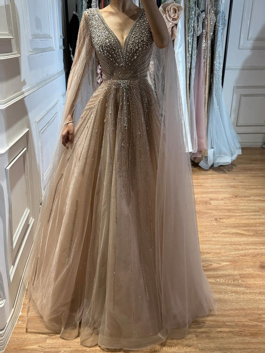 Nude Beaded A-Line Luxury Evening Dress with Cape Sleeves LA73742