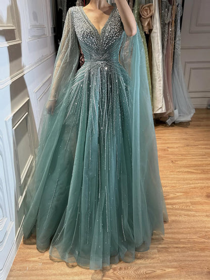 Nude Beaded A-Line Luxury Evening Dress with Cape Sleeves LA73742