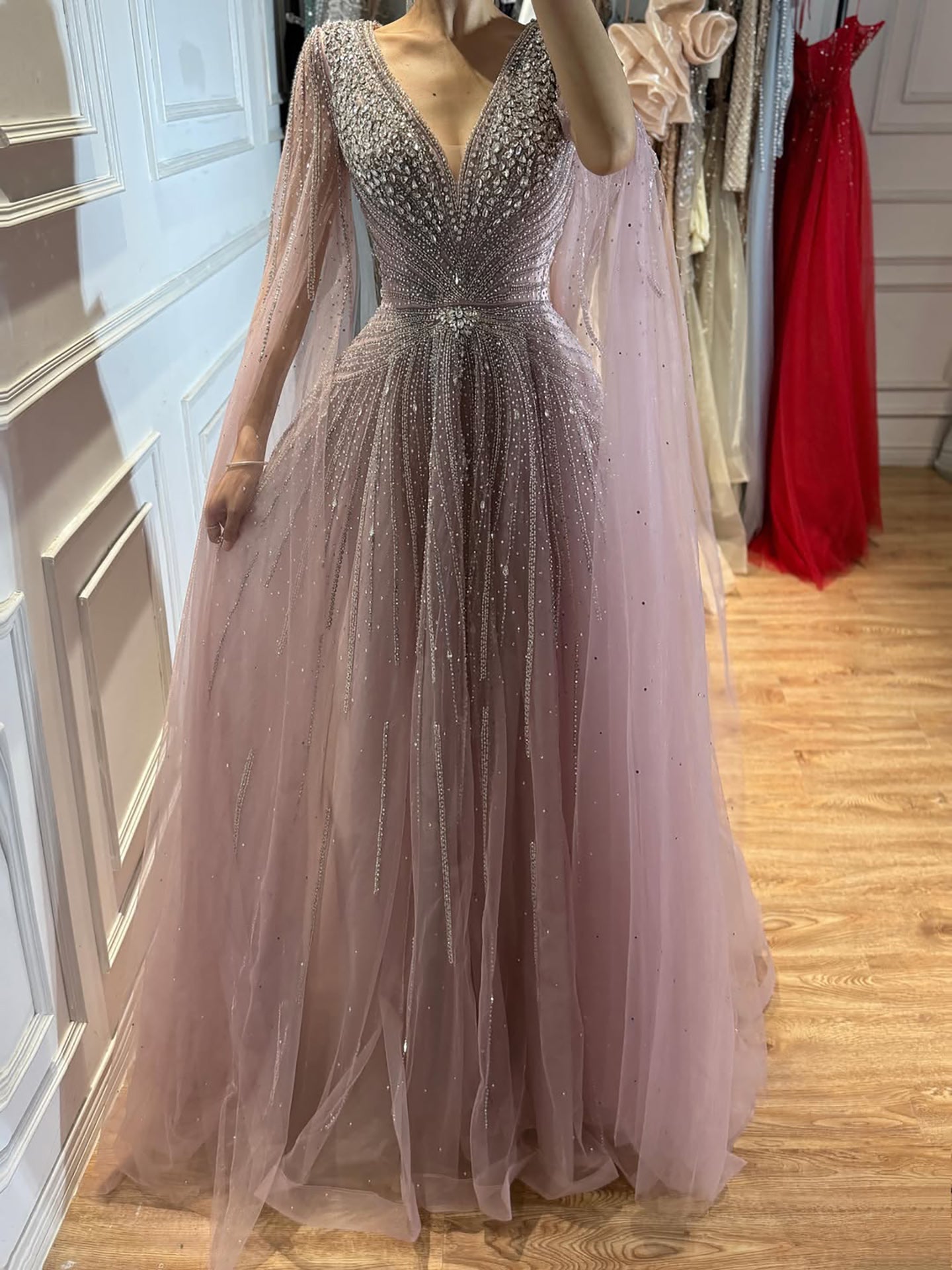 Nude Beaded A-Line Luxury Evening Dress with Cape Sleeves LA73742