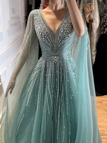 Nude Beaded A-Line Luxury Evening Dress with Cape Sleeves LA73742