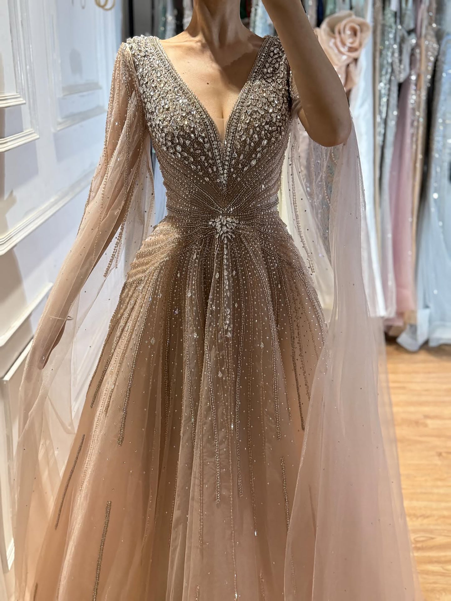 Nude Beaded A-Line Luxury Evening Dress with Cape Sleeves LA73742