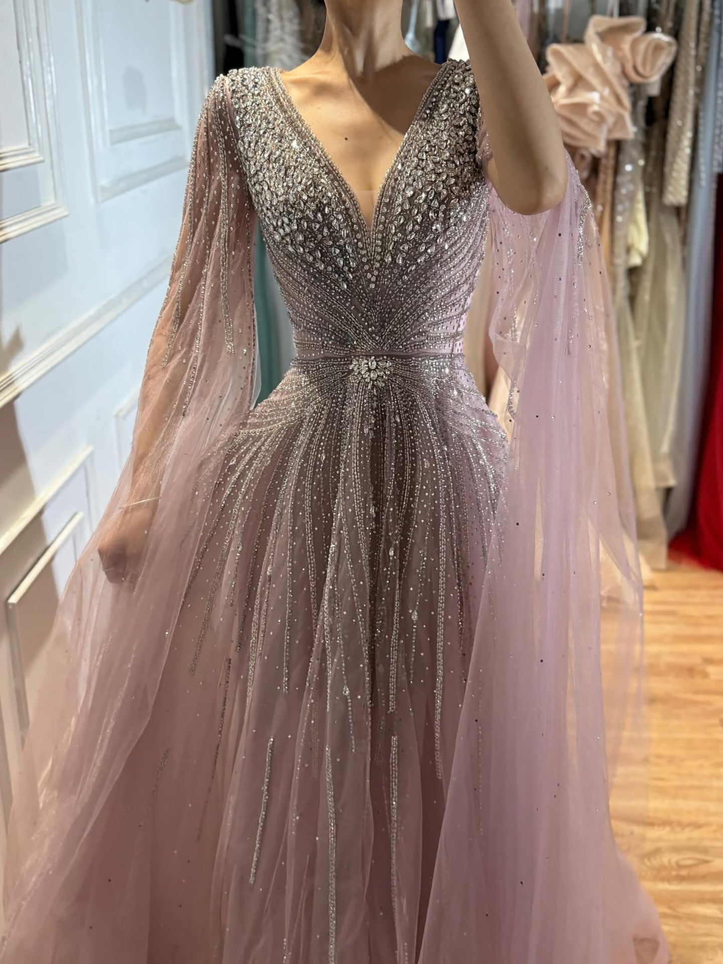 Nude Beaded A-Line Luxury Evening Dress with Cape Sleeves LA73742