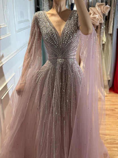 Nude Beaded A-Line Luxury Evening Dress with Cape Sleeves LA73742