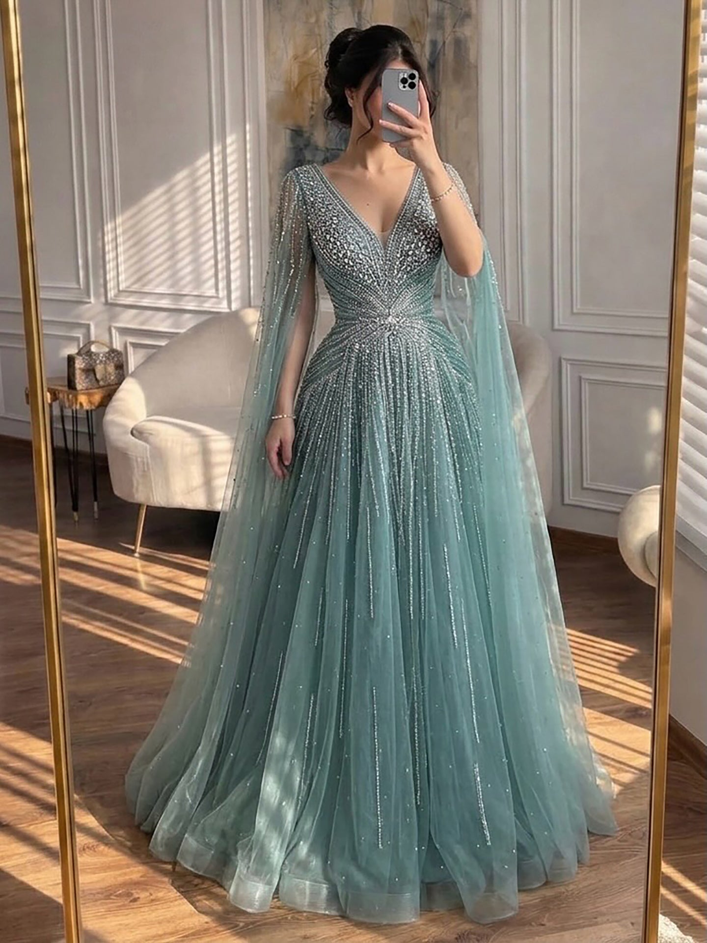 Nude Beaded A-Line Luxury Evening Dress with Cape Sleeves LA73742