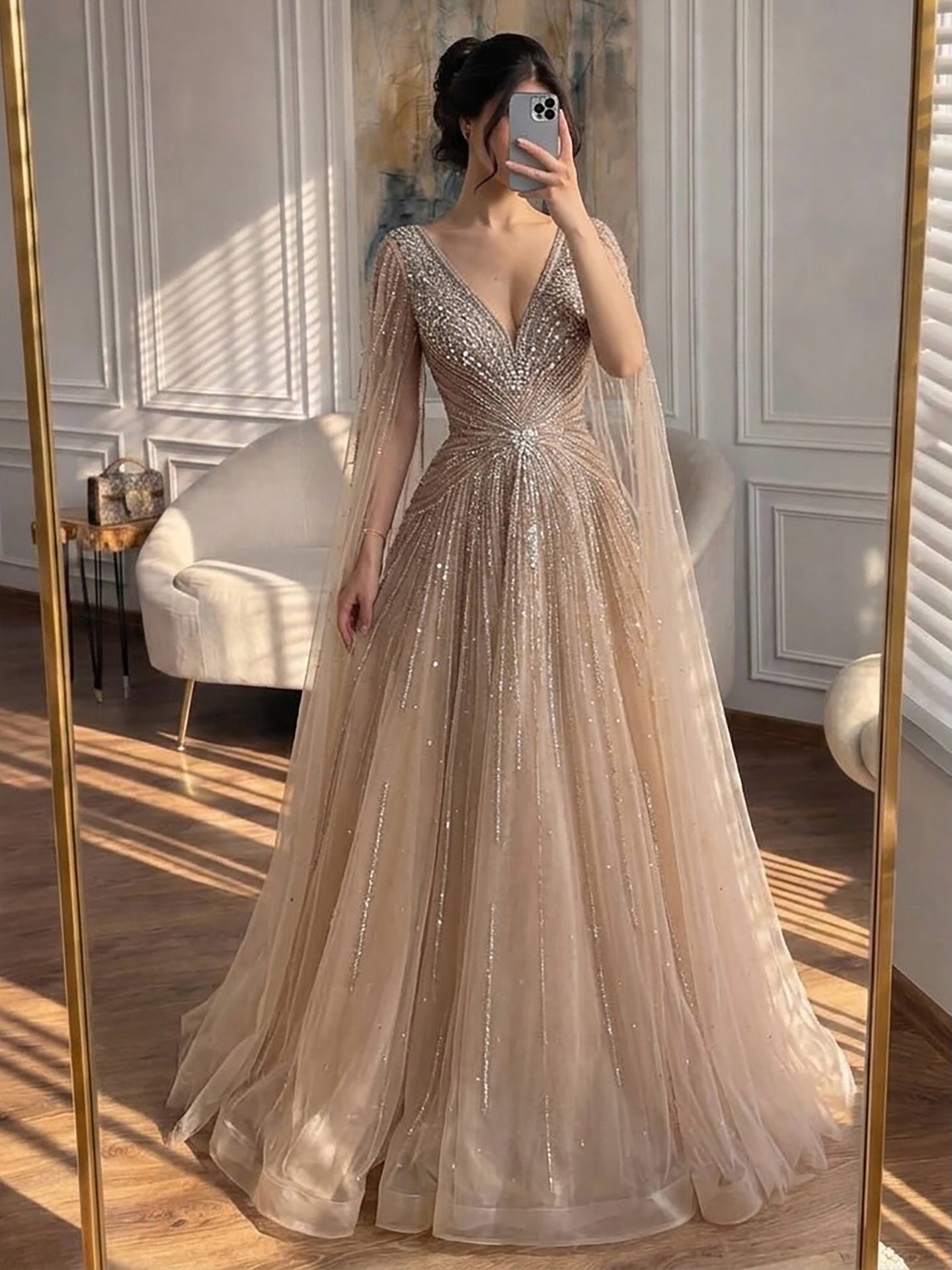 Nude Beaded A-Line Luxury Evening Dress with Cape Sleeves LA73742