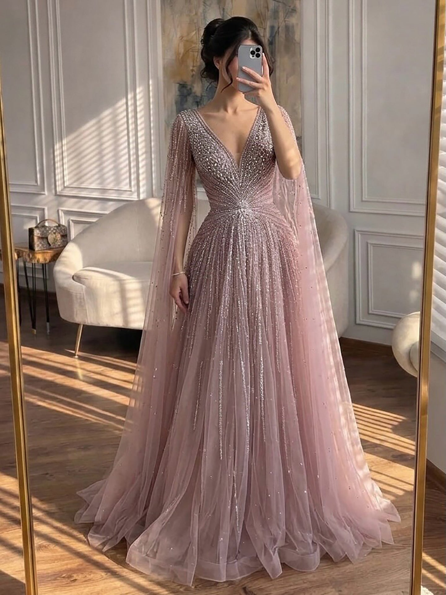Nude Beaded A-Line Luxury Evening Dress with Cape Sleeves LA73742