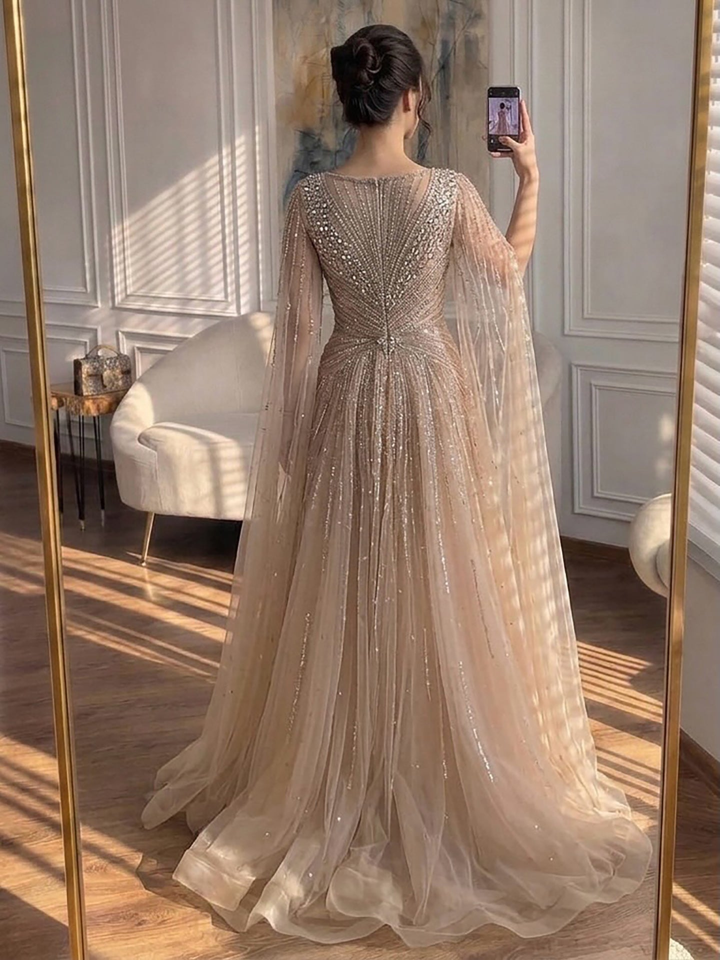 Nude Beaded A-Line Luxury Evening Dress with Cape Sleeves LA73742