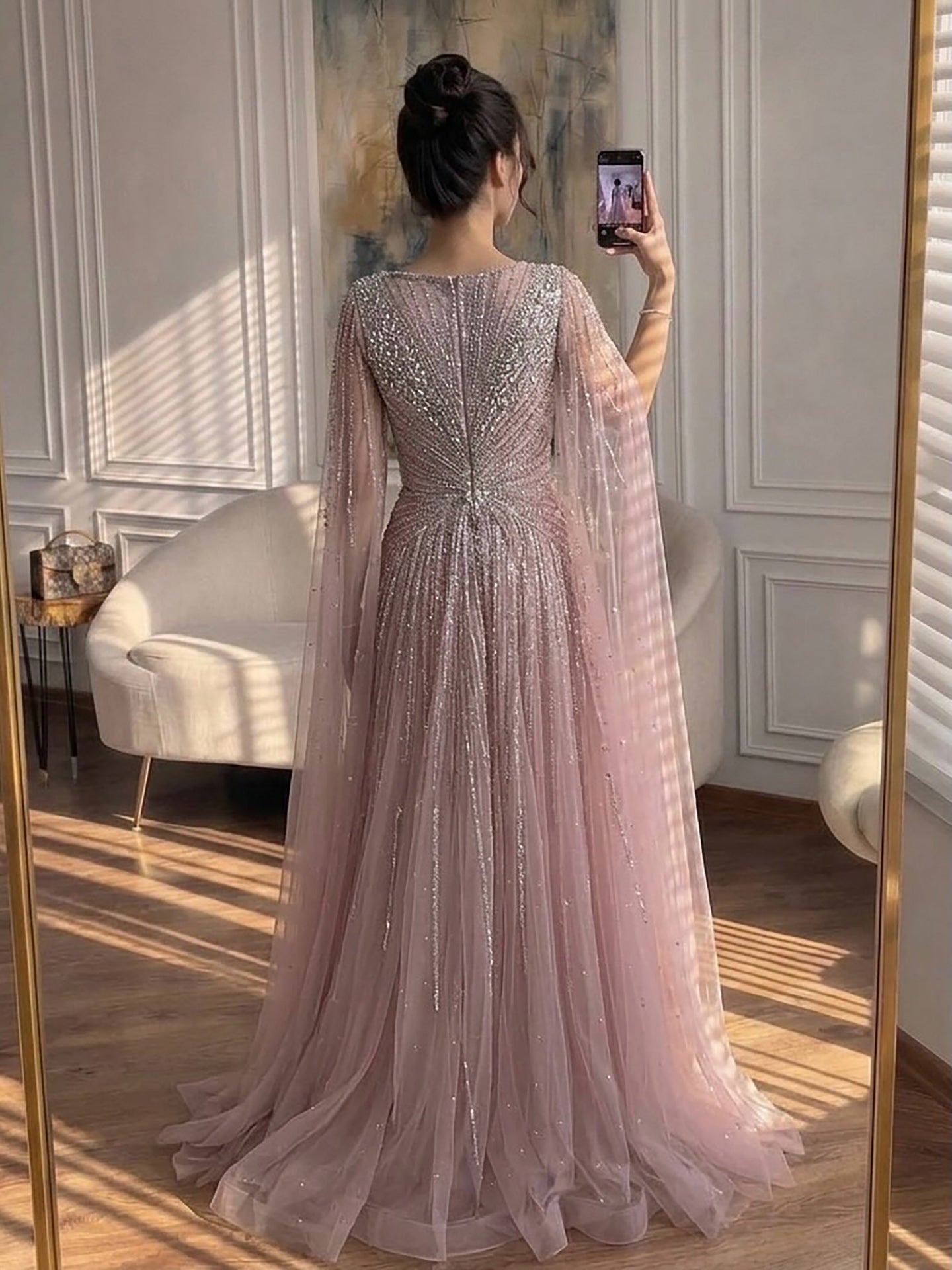 Nude Beaded A-Line Luxury Evening Dress with Cape Sleeves LA73742