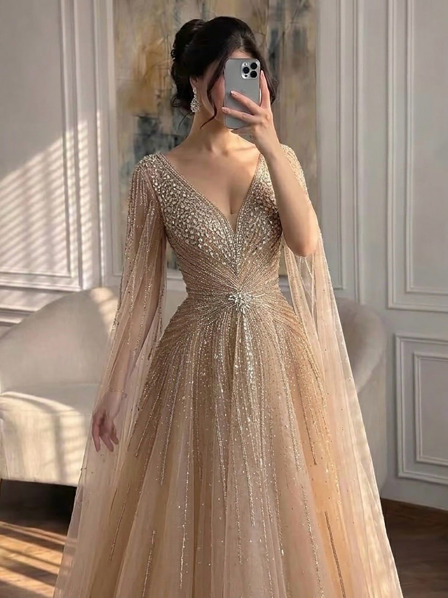 Nude Beaded A-Line Luxury Evening Dress with Cape Sleeves LA73742