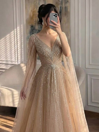 Nude Beaded A-Line Luxury Evening Dress with Cape Sleeves LA73742